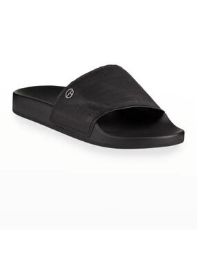 GIORGIO ARMANI MEN'S BLACK LOGO TEXTURED LEATHER POOL SLIDES us size 7